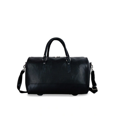 Black Solid Leather Travel Duffel Bag