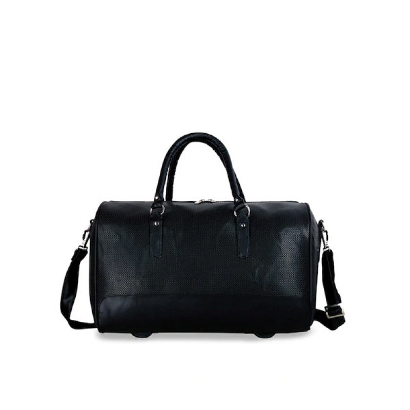 Black Solid Leather Travel Duffel Bag